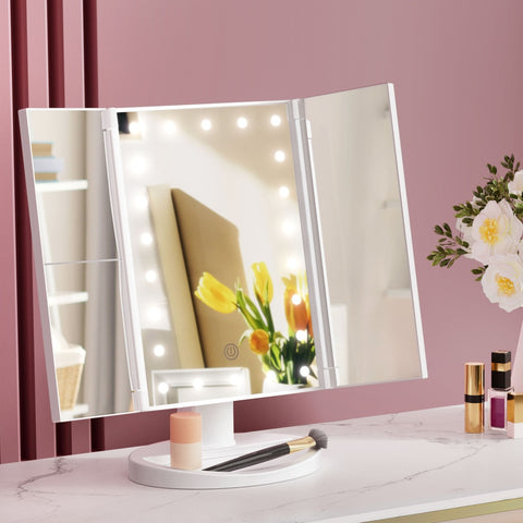 Travel Portable Tri-fold Makeup Mirror 1X2X3X Magnifying with USB powered LED Light