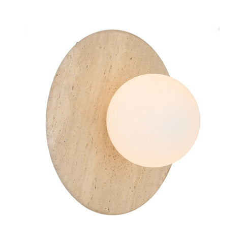 Varon Travertine Round Stone Disc Wall Light with Glass Sphere