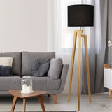 Lund Tripod Floor Lamp Oak Timber with Fabric Drum Shade