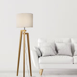 Lund Tripod Floor Lamp Oak Timber with Fabric Drum Shade