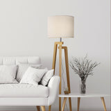 Lund Tripod Floor Lamp Oak Timber with Fabric Drum Shade