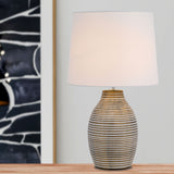 Earth Ceramic Bronze Table Lamp with White Drum Fabric Shade