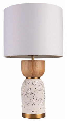 Lottie White Terrazzo and Natural Timber Base with Aged Brass Table Lamp and White Fabric Drum Shade