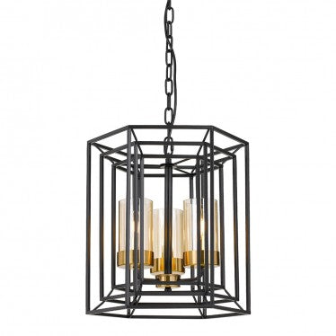 Lane 3lt Metal Pendant Light Black/Antique Brass/Amber Glass