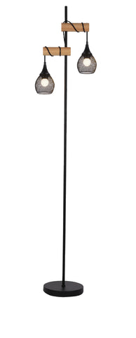 Lars 2lt Natural Oak Wood Floor Lamp with Black Mesh Shades