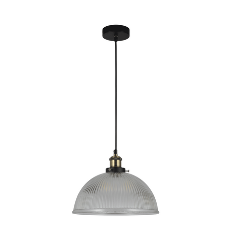 Tristan 1lt Halophane Glass Cord Pendant Light Clear Antique Brass Black